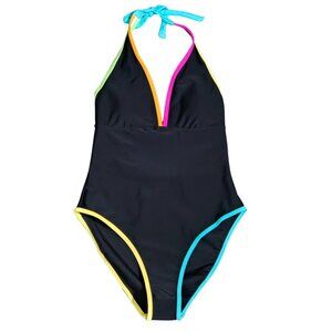 NWOT | Black Deep V-Neck One-Piece Swimsuit with Neon Multi-Color Trim | Small